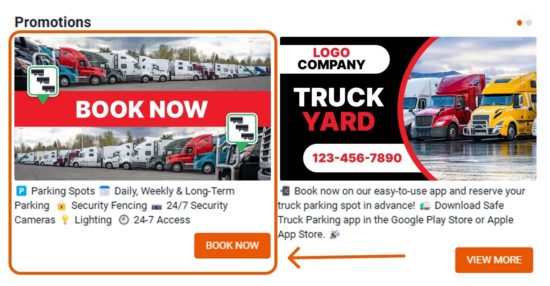Truck parking listing highlighting discounts and special offers for truckers.