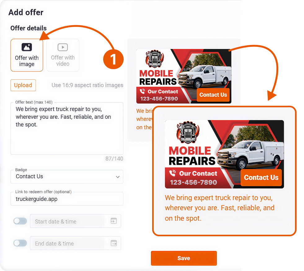 Trucker Guide Add Offer screen showing a “MOBILE REPAIRS” promotion with offer details, redemption link, preview, and Save button.