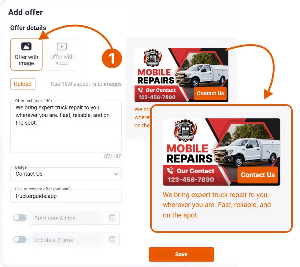 Trucker Guide Add Offer screen showing a “MOBILE REPAIRS” promotion with offer details, redemption link, preview, and Save button.
