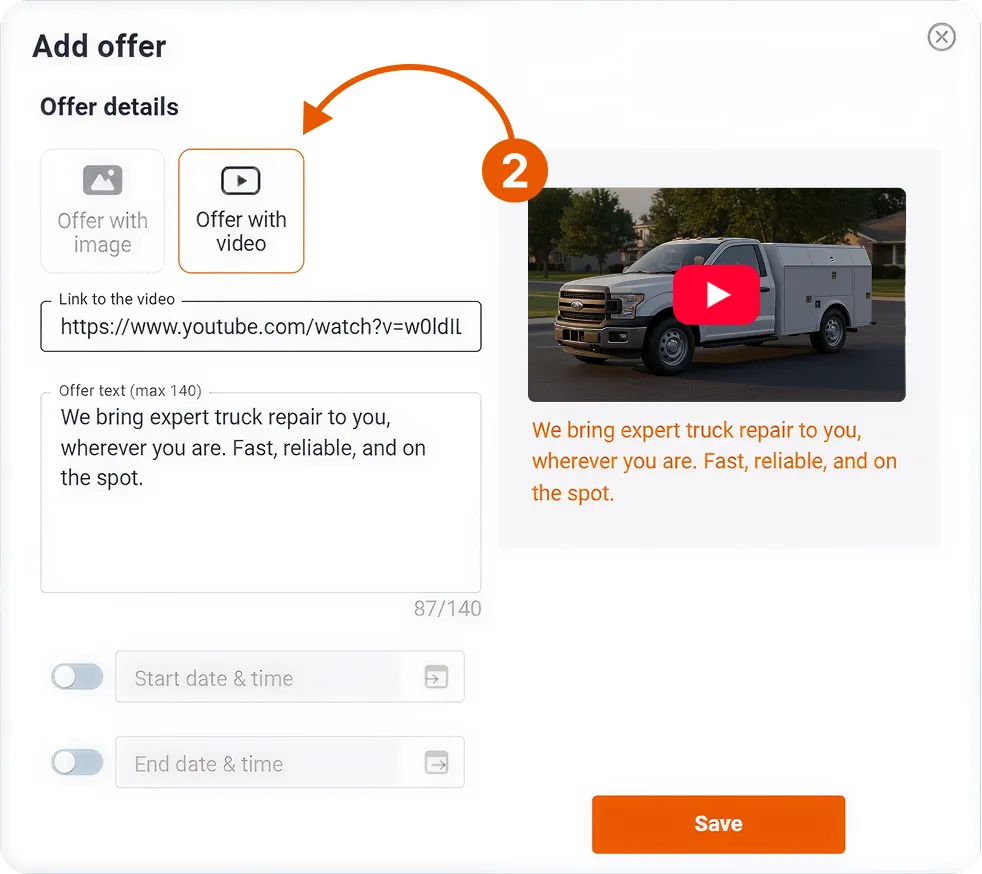 Trucker Guide “Add Offer” screen with a video offer, YouTube link, truck-repair details, video preview, date fields, and Save button.