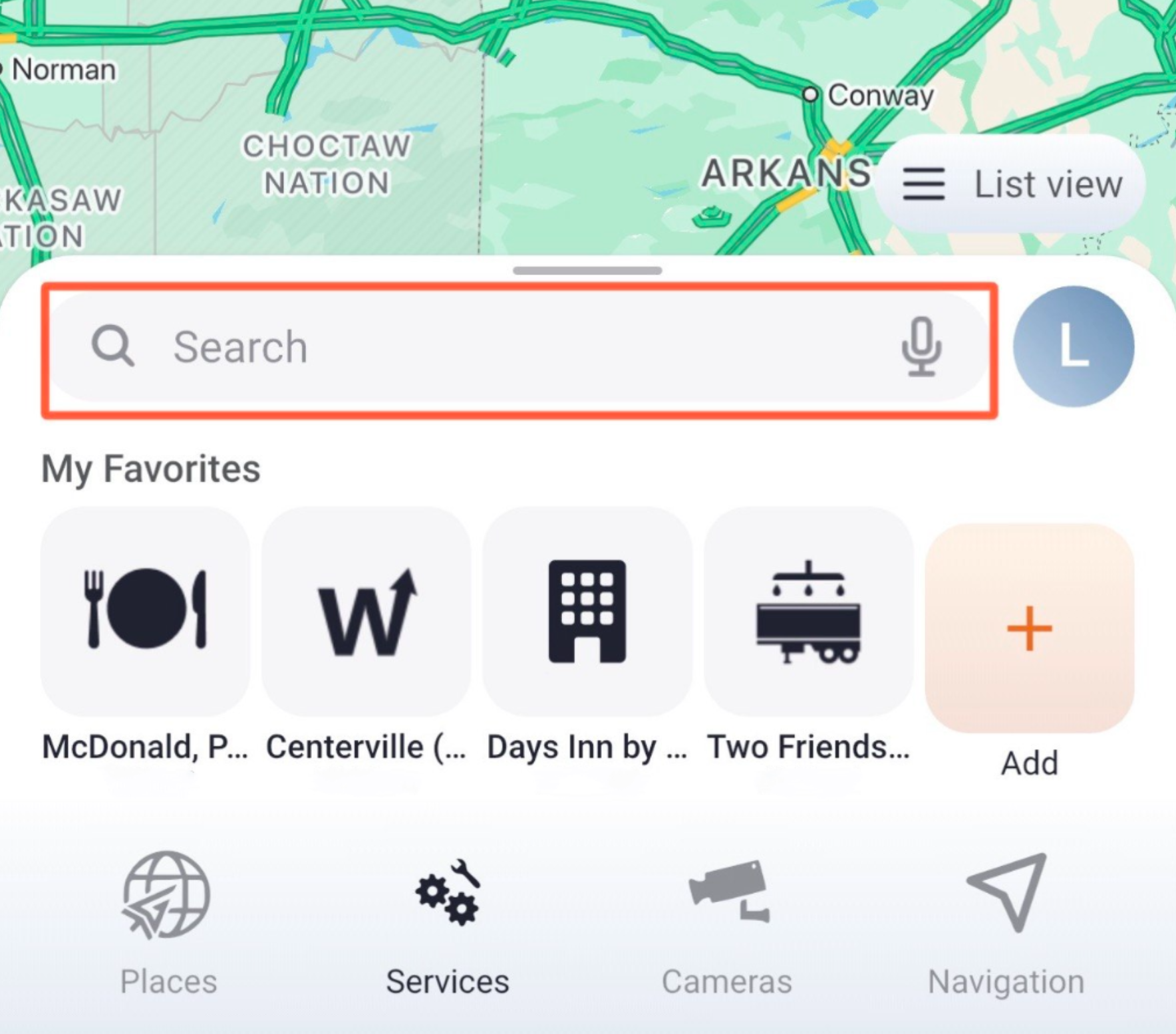 Trucker Guide home screen search bar for finding windshield and glass repair services.