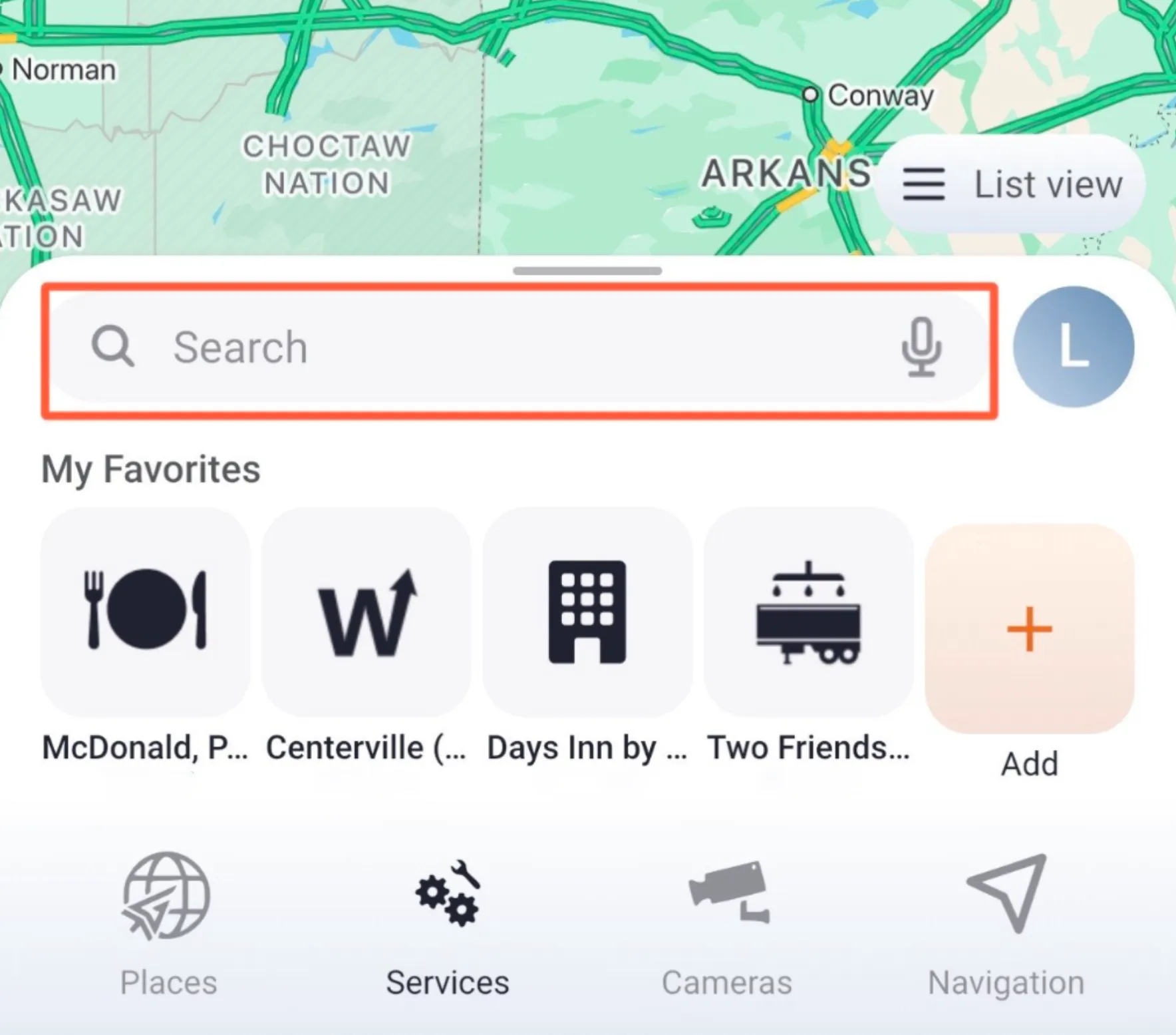 Trucker Guide home screen search bar for finding windshield and glass repair services.