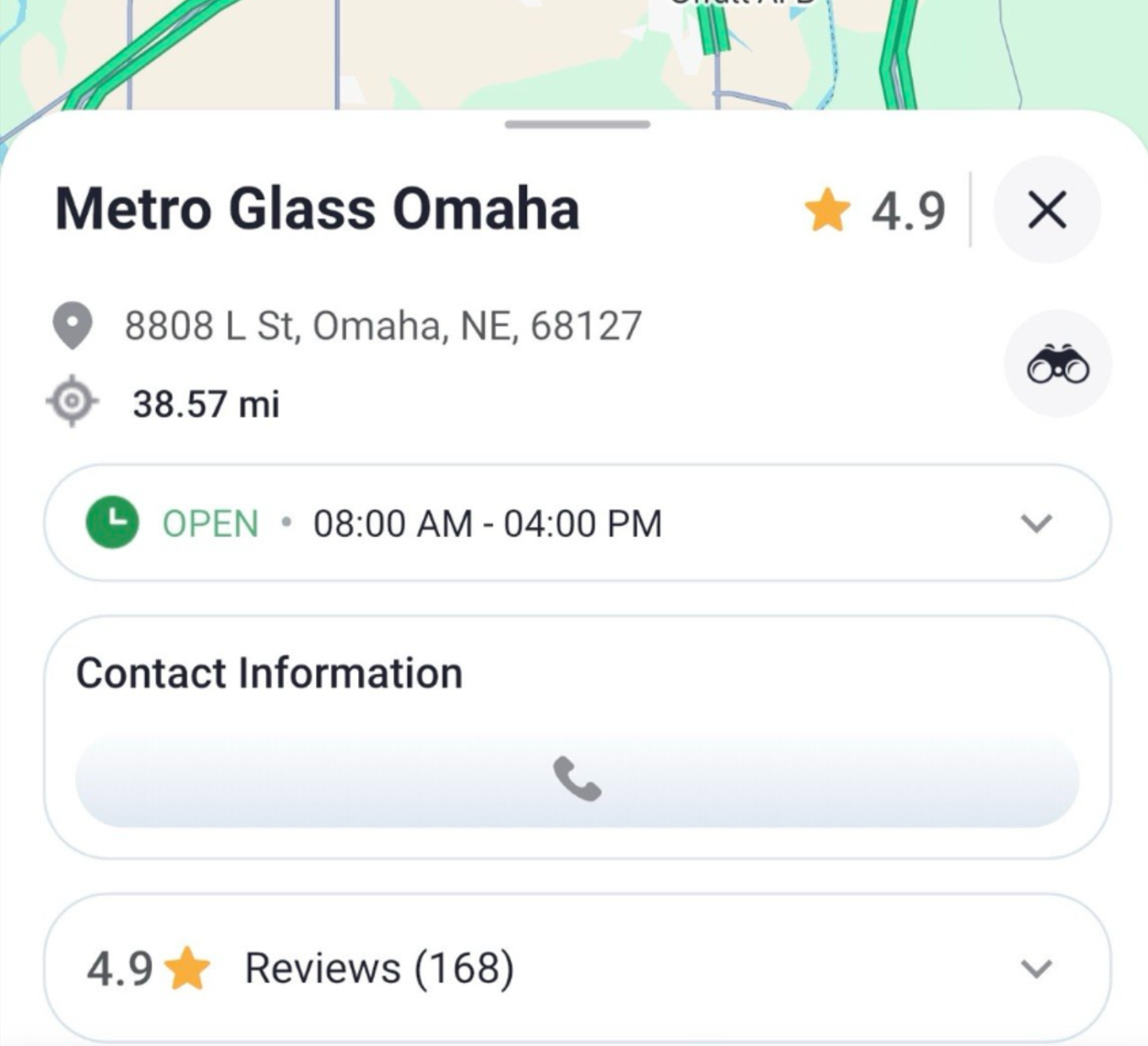 Trucker Guide location card showing details for a nearby windshield or glass repair provider.