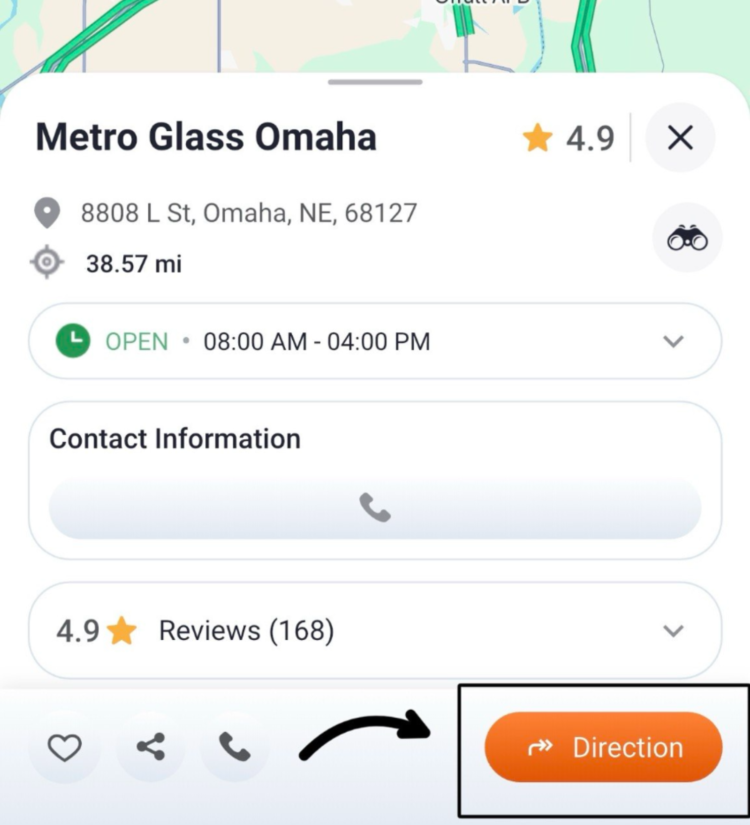 Trucker Guide location card with a Direction button for routing to a selected windshield or glass repair service.