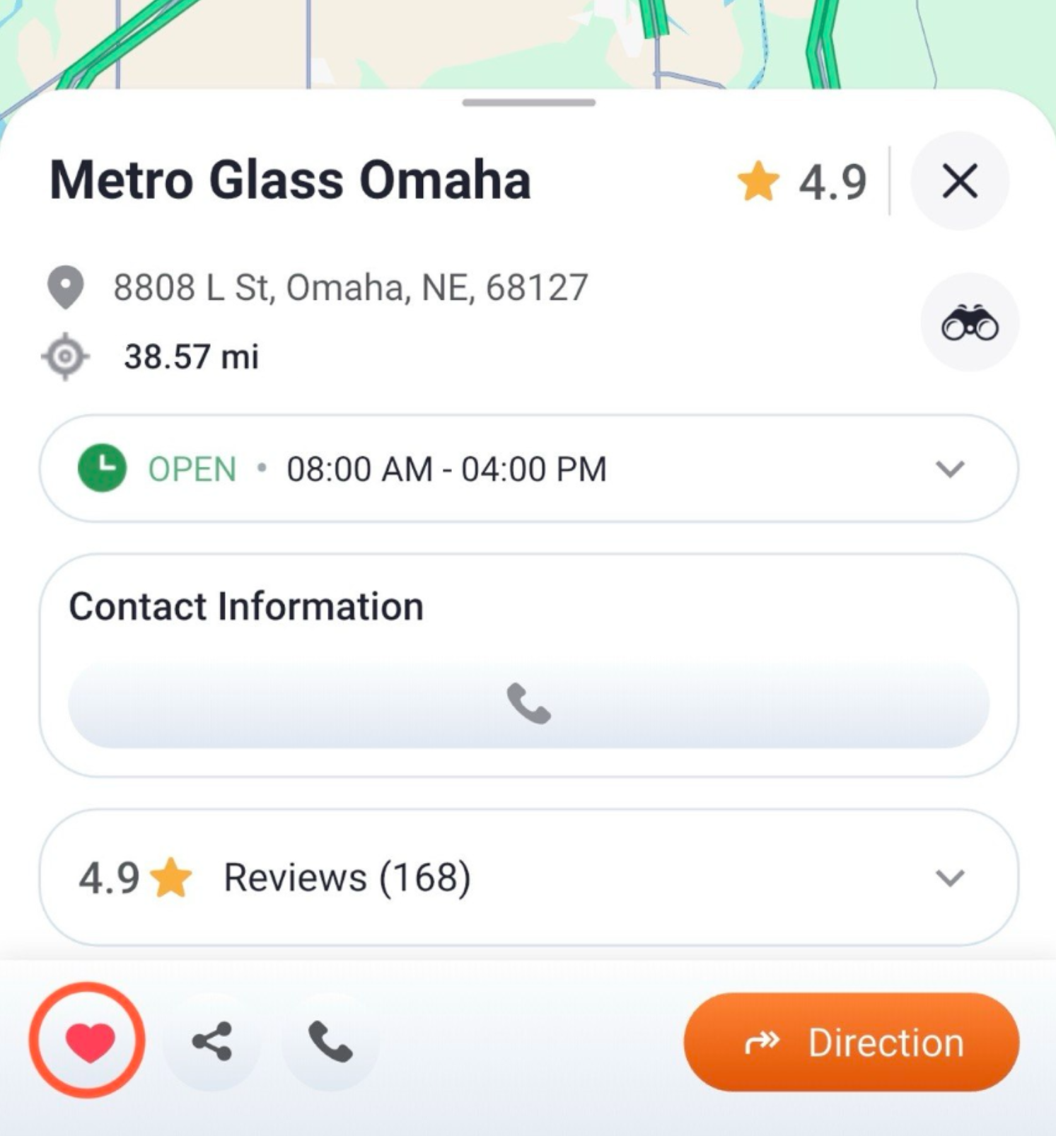 Trucker Guide location card with the heart icon for saving a windshield or glass repair provider to My Favorites.