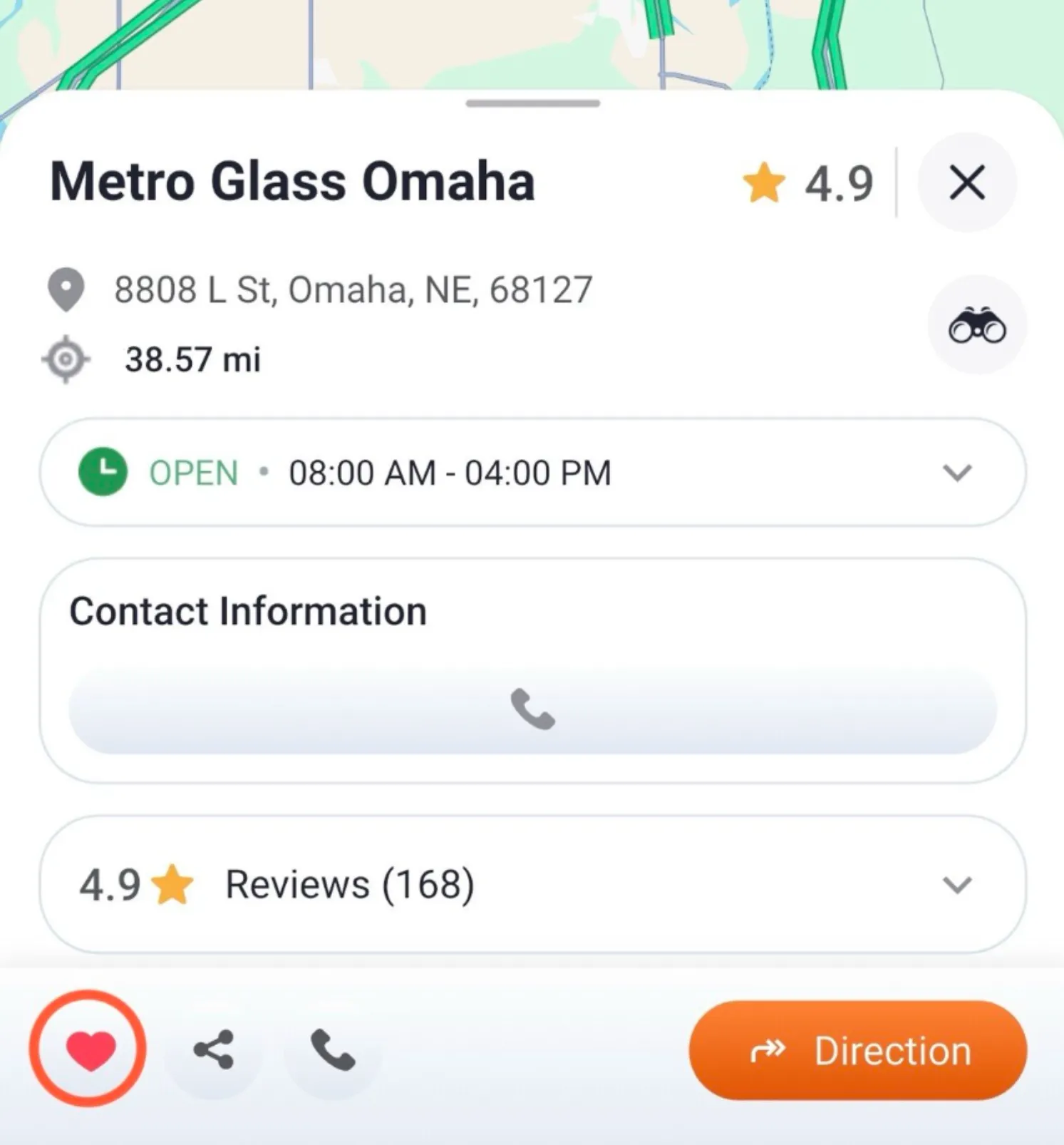 Trucker Guide location card with the heart icon for saving a windshield or glass repair provider to My Favorites.