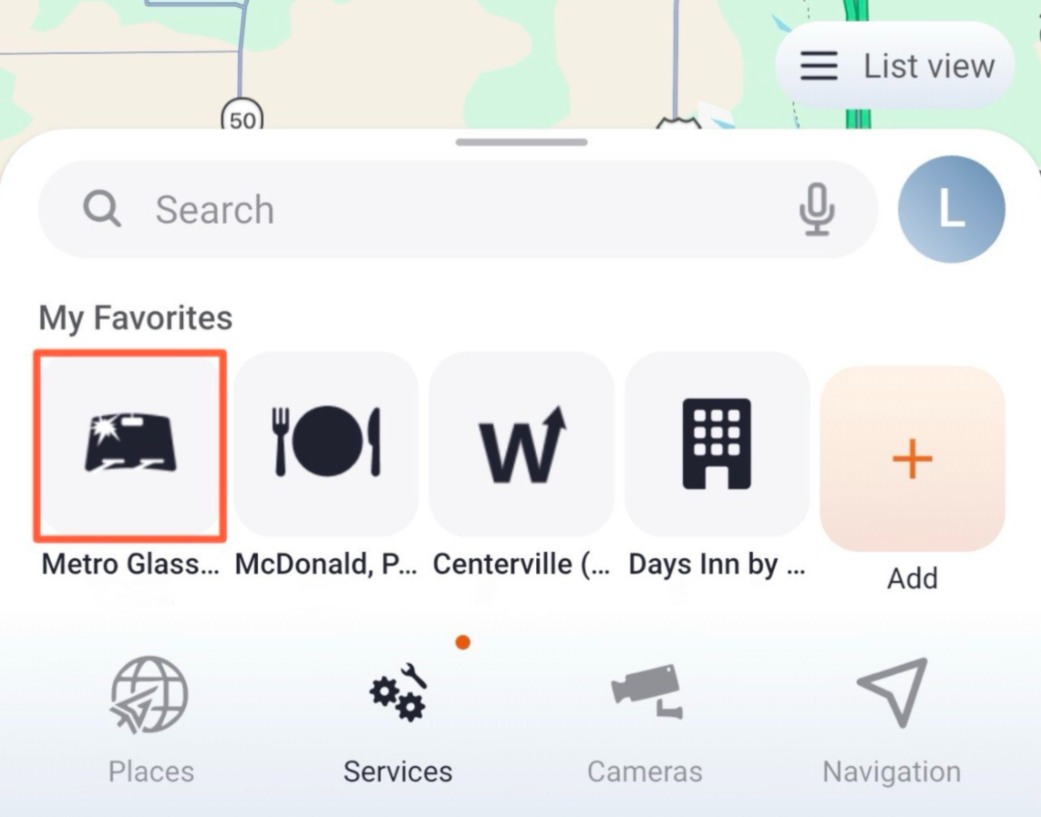 Trucker Guide My Favorites screen showing a saved windshield or glass repair location for quick access.