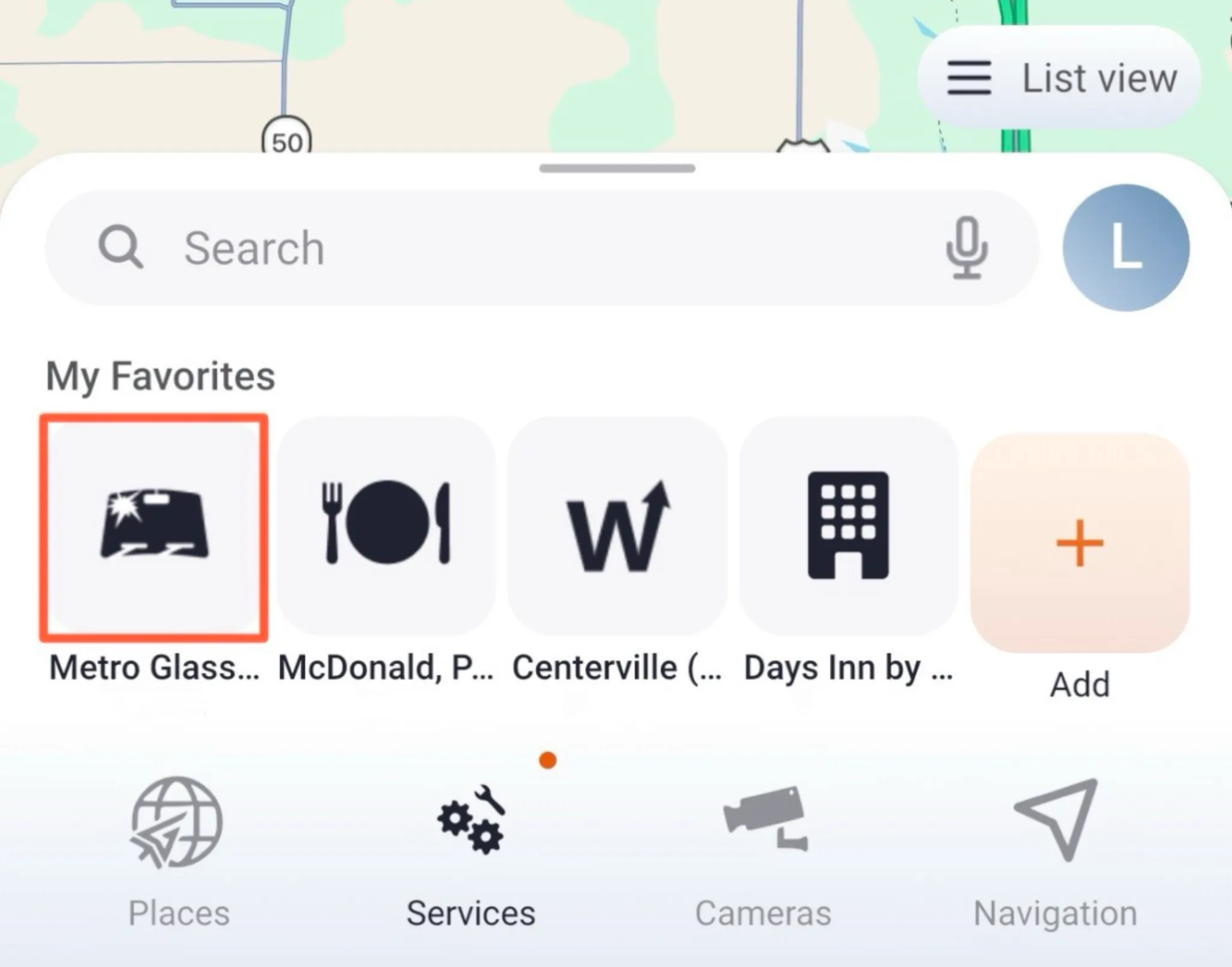Trucker Guide My Favorites screen showing a saved windshield or glass repair location for quick access.