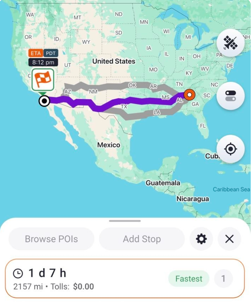 Trucker Guide route planning screen showing available routes with estimated travel time, distance, toll cost, and Fastest route label.