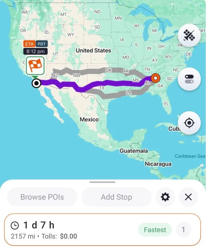 Trucker Guide route planning screen showing available routes with estimated travel time, distance, toll cost, and Fastest route label.