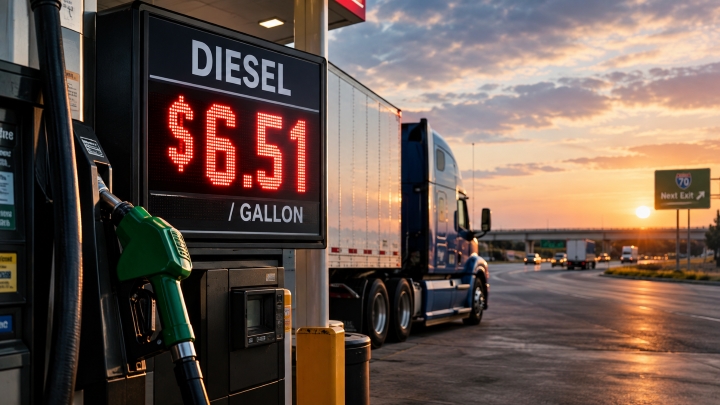 Diesel truck stop showing $6.51 per gallon fuel price and a semi-truck on the highway.