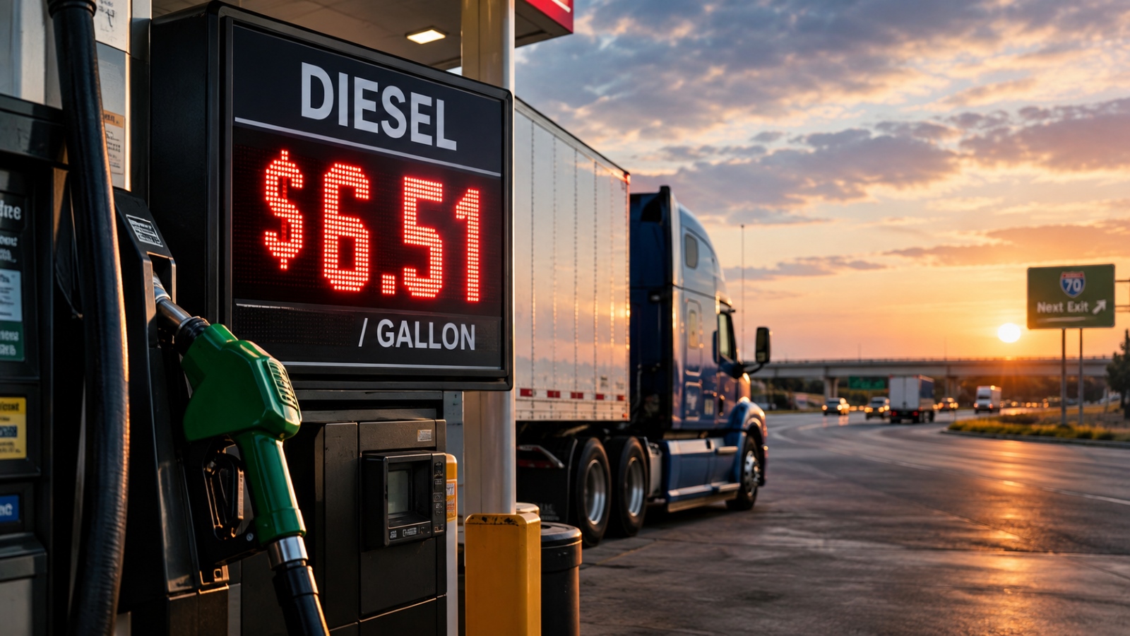 Diesel truck stop showing $6.51 per gallon fuel price and a semi-truck on the highway.