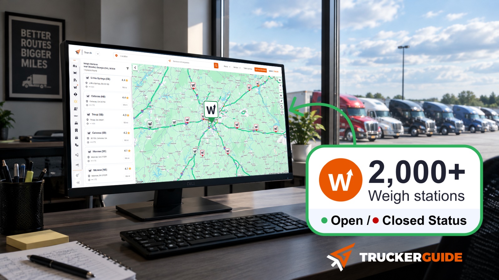 Trucker Guide weigh station locator showing U.S. routes, 2,000+ weigh stations, and open or closed status.
