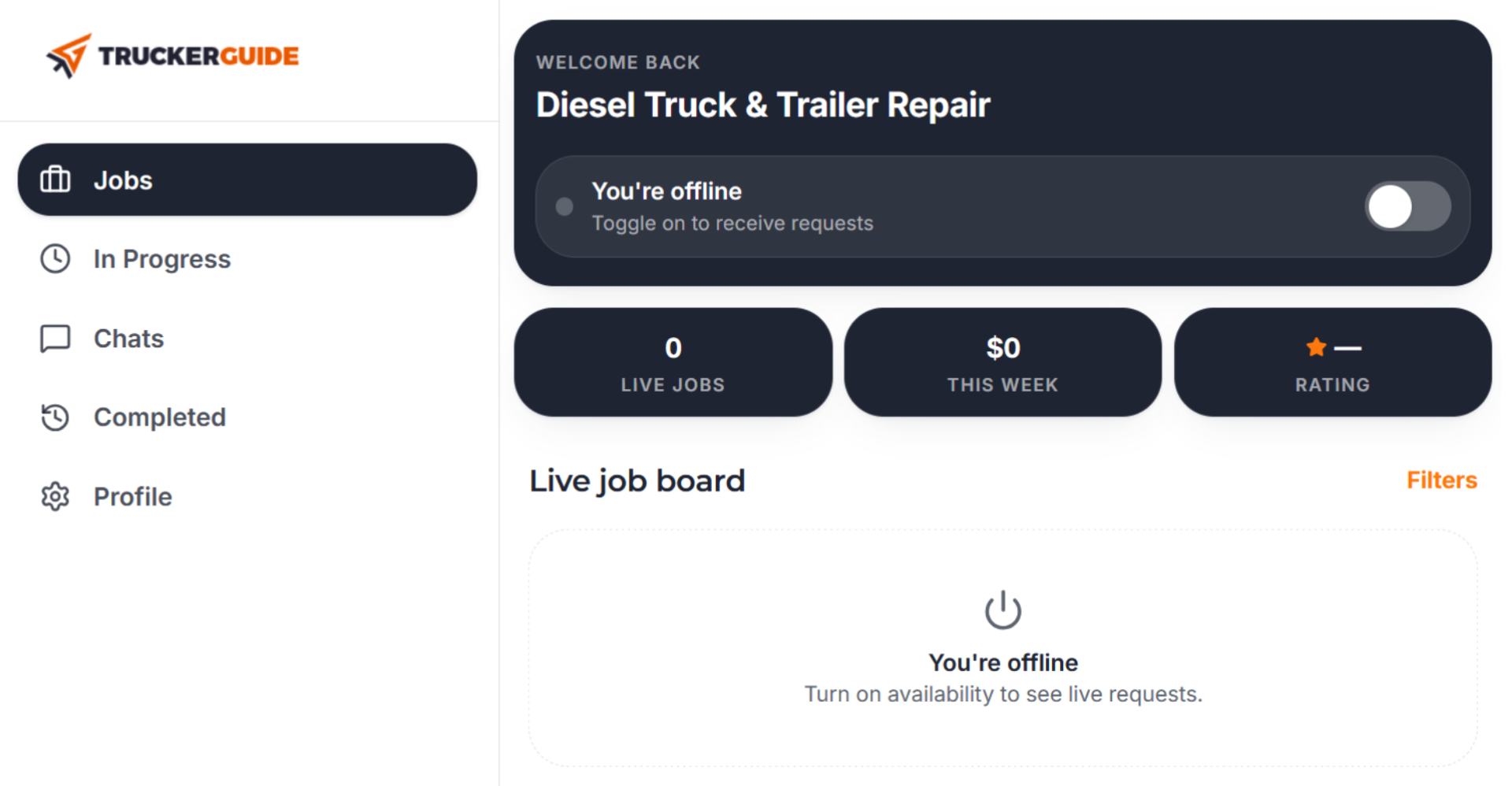 Trucker Guide Road Assistance vendor profile showing business information and account details.