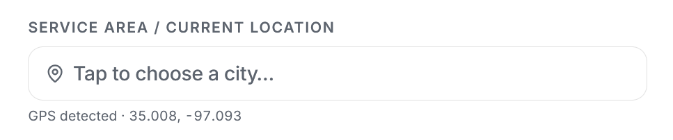 Trucker Guide vendor profile showing the field for entering a business service location.