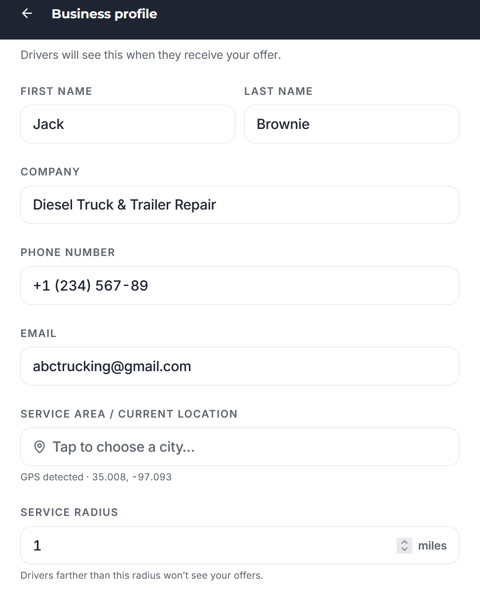 Trucker Guide Road Assistance Business Profile page showing vendor account details.