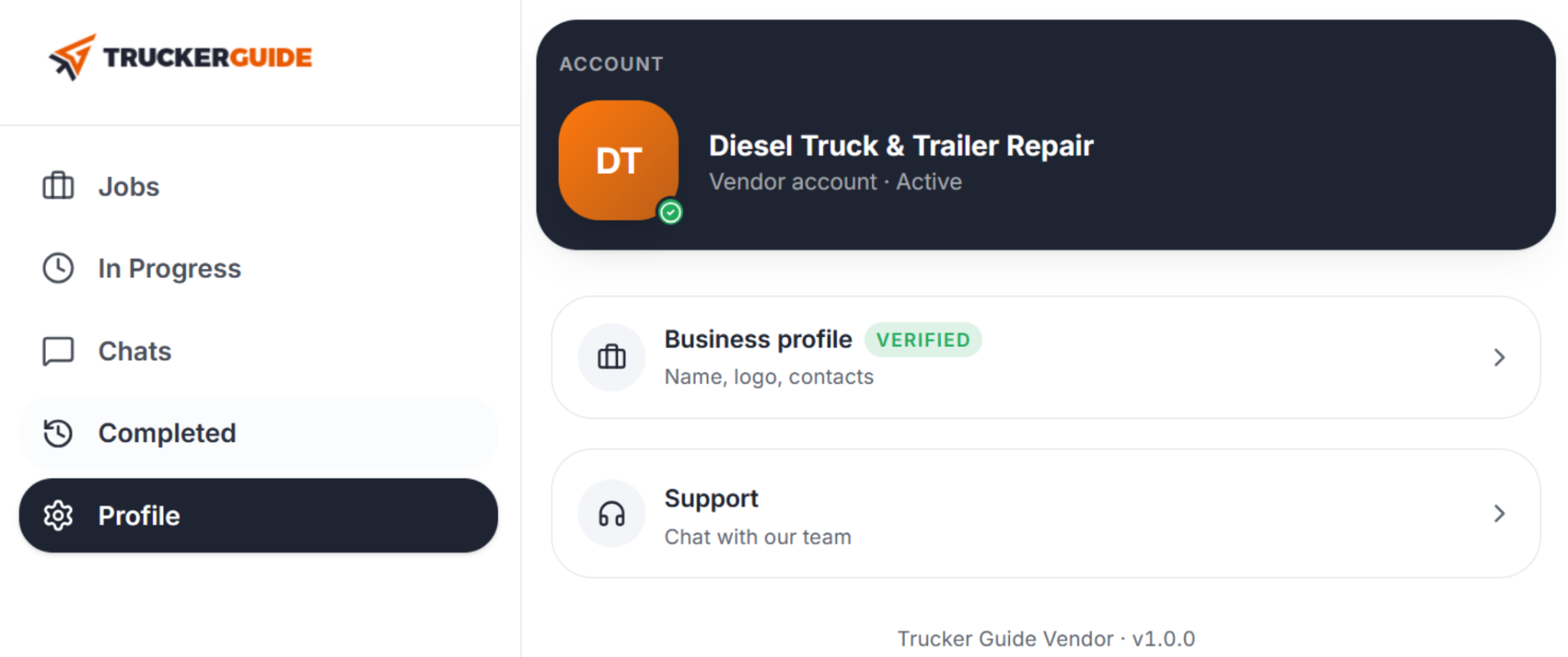 Trucker Guide vendor portal Business Profile page for managing roadside service information.
