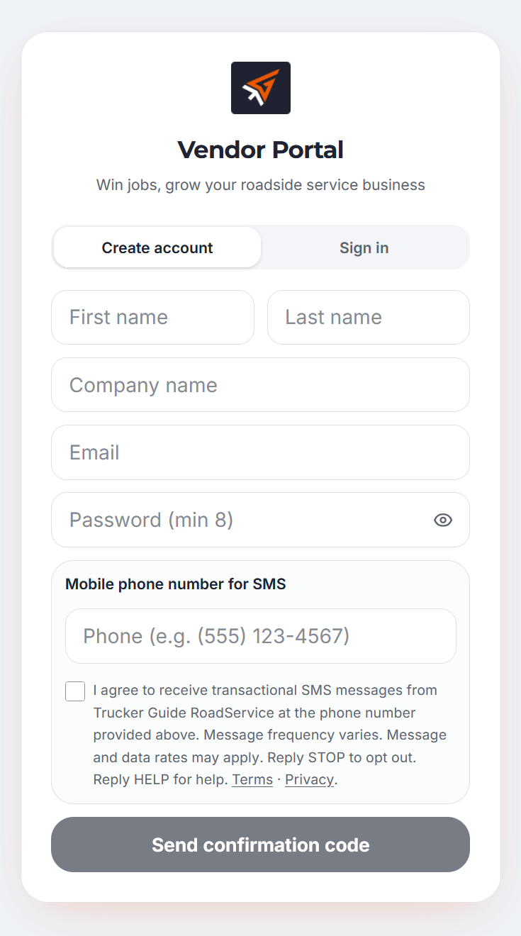 Trucker Guide Road Assistance vendor registration form for creating a business account.