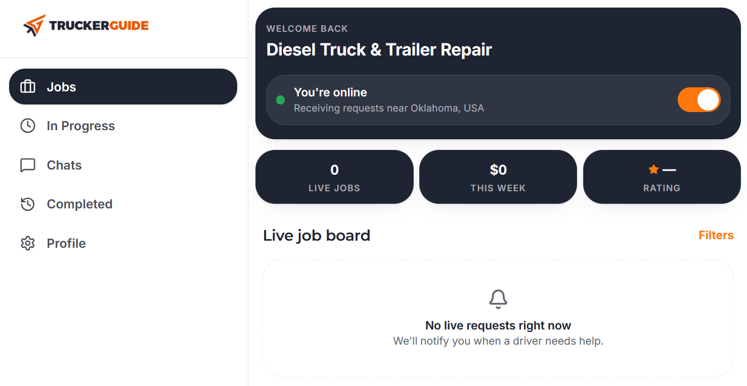 Trucker Guide Jobs page showing controls for enabling roadside assistance request notifications.