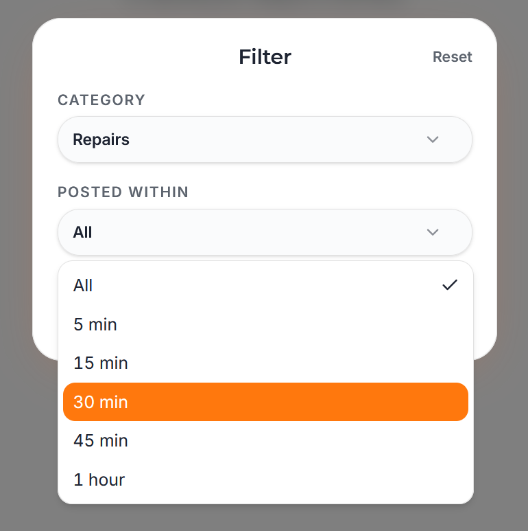Trucker Guide Jobs page showing request filters from the last 5 minutes to 1 hour.