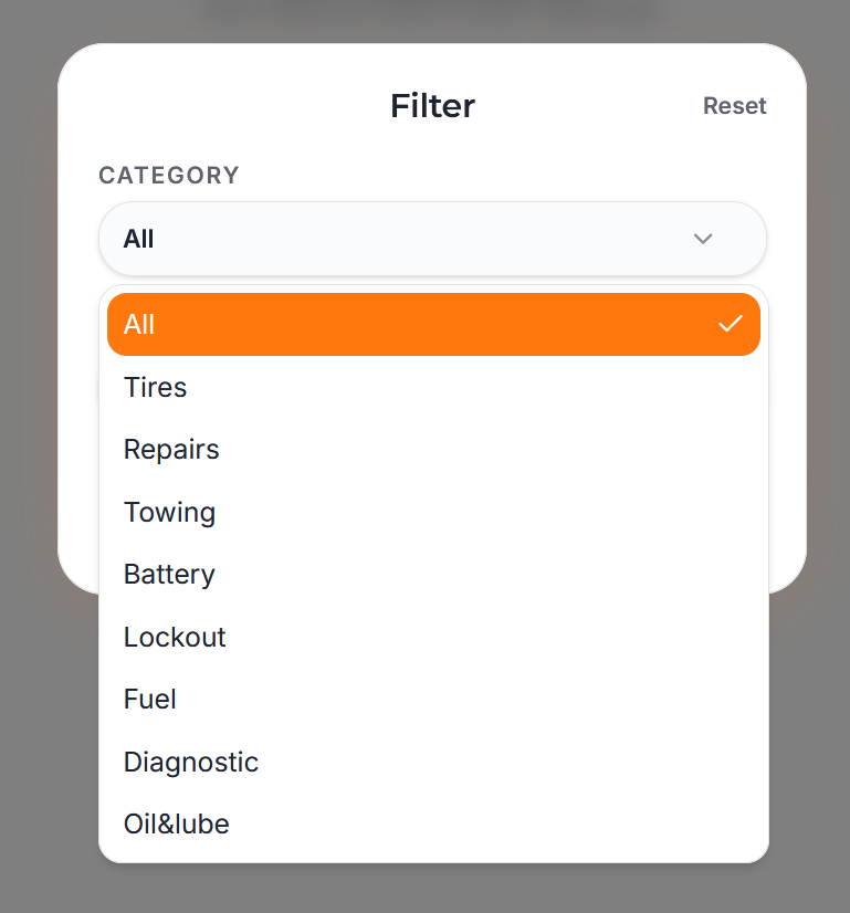 Trucker Guide vendor Jobs page showing filters for roadside service categories and active requests.