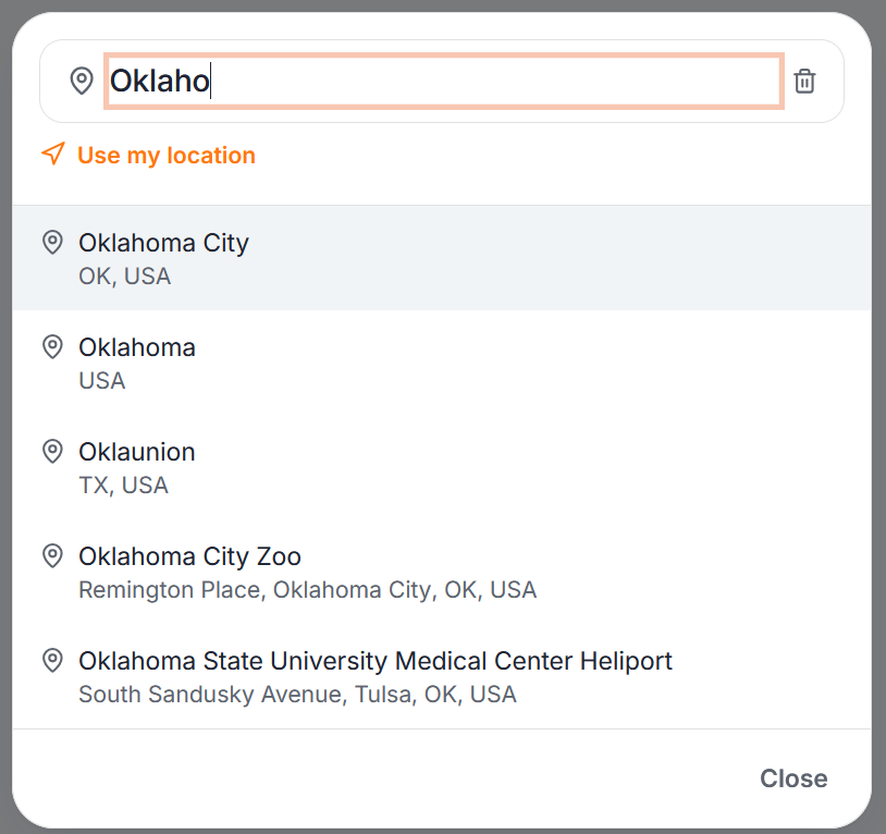 Trucker Guide vendor profile showing location search results for selecting a service area.