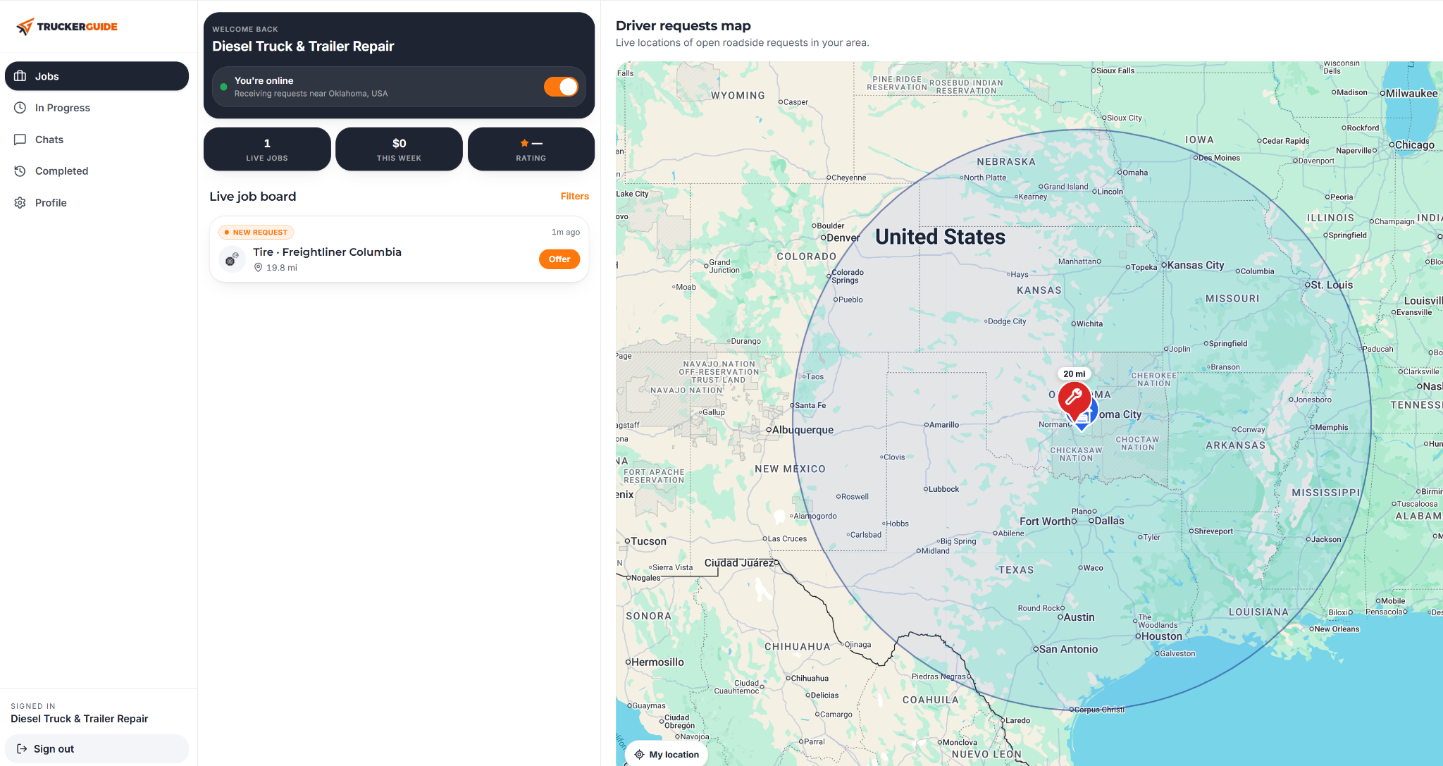 Trucker Guide Live Job Board showing roadside requests and driver locations on a map.