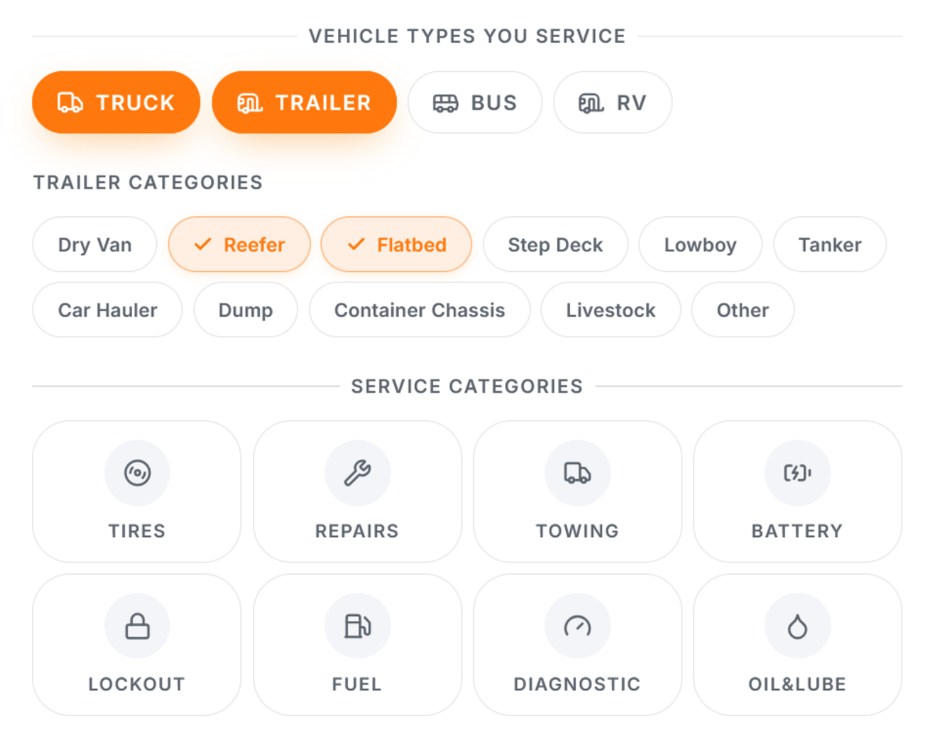 Trucker Guide Road Assistance vendor profile showing selectable vehicle types for service.
