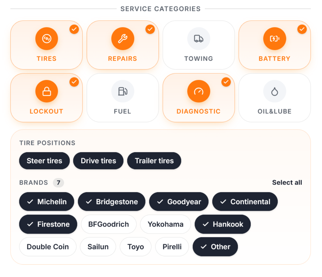 Trucker Guide vendor portal showing tire service options, positions, and supported brands.