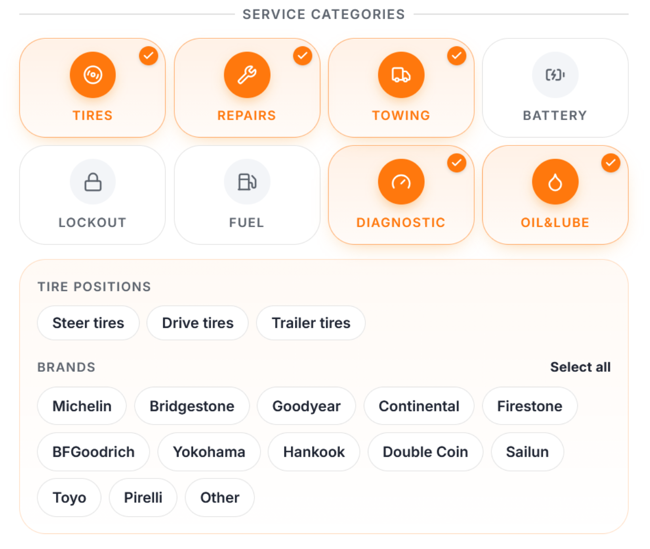 Trucker Guide vendor profile showing roadside assistance services available to truck drivers.