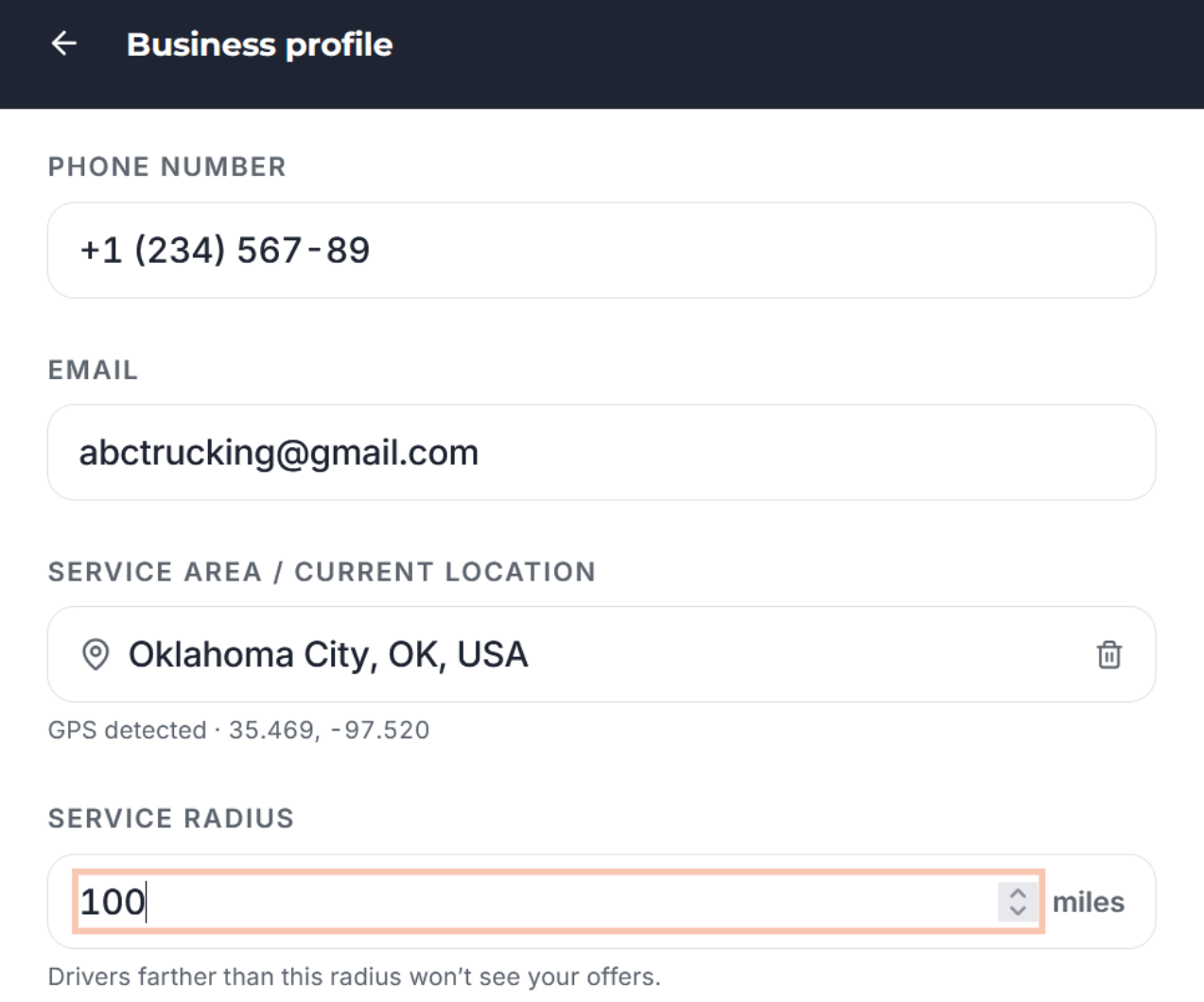 Trucker Guide vendor profile showing the service radius setting for roadside assistance.