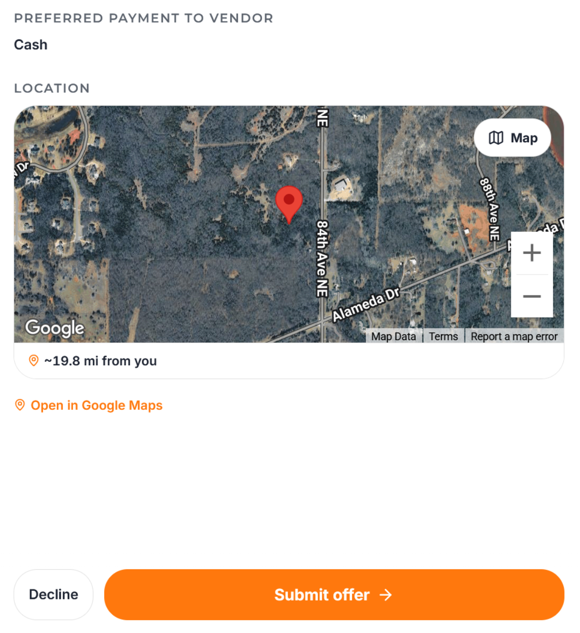 Trucker Guide roadside request map with Satellite View and Google Maps location options.