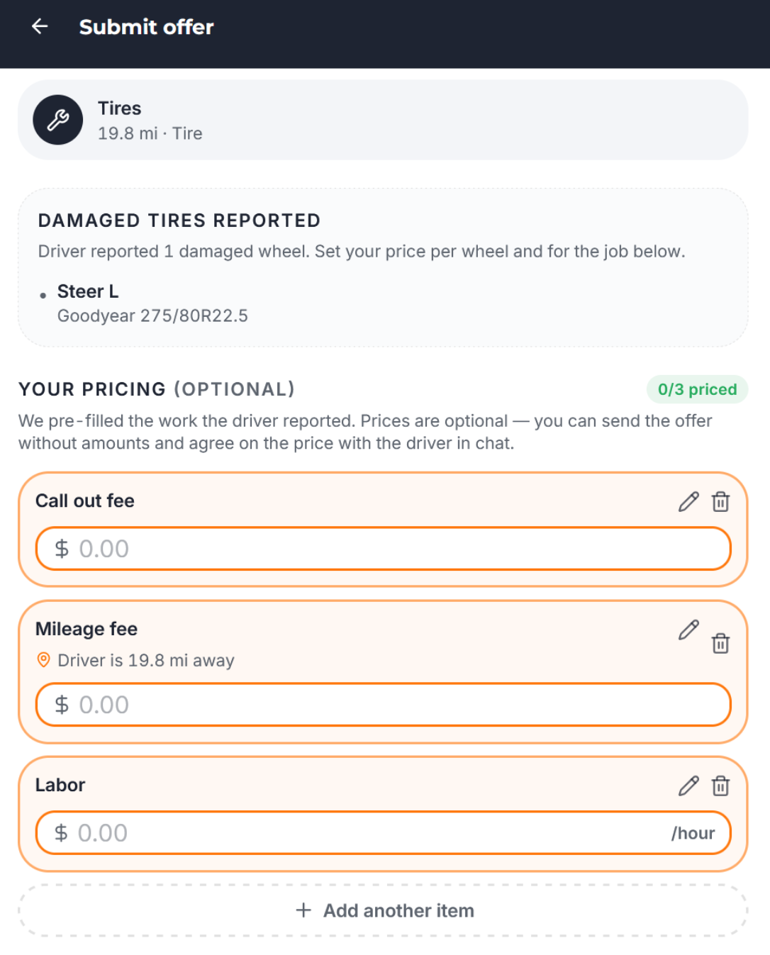 Trucker Guide vendor offer form showing call-out, mileage, and labor fees.
