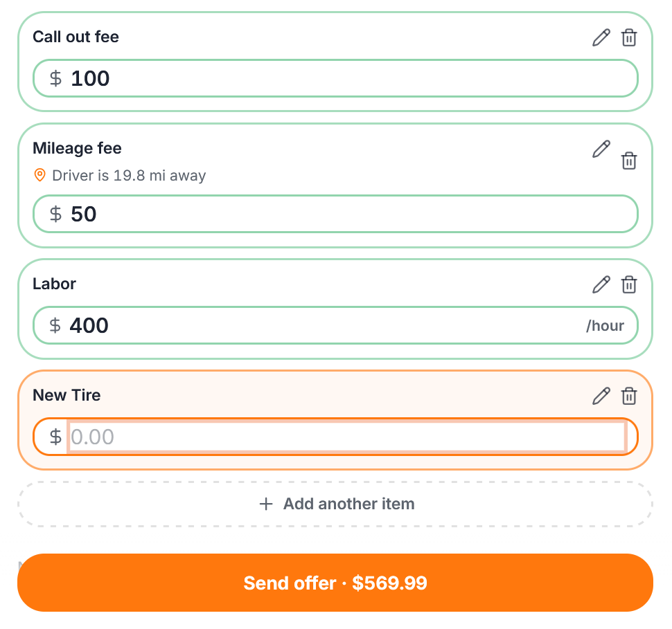 Trucker Guide service offer form with an option to add additional charges.