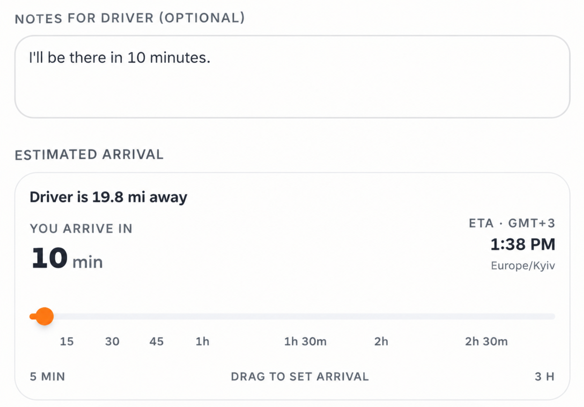 Trucker Guide vendor offer form showing the estimated arrival time selector.