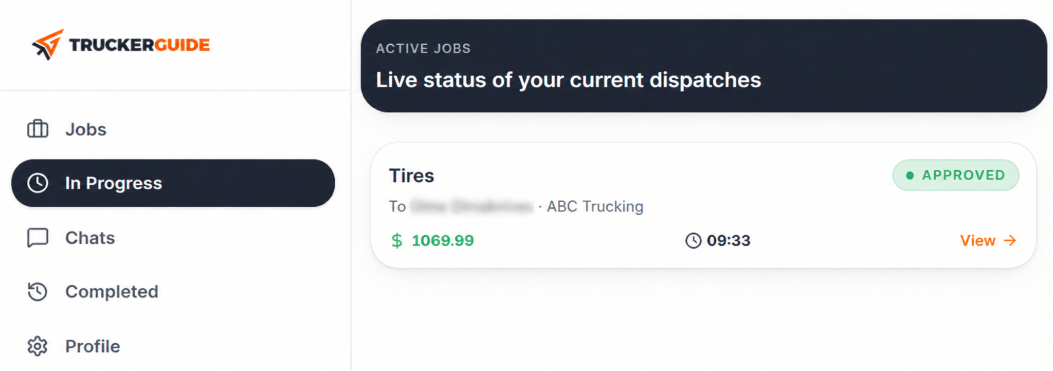 Trucker Guide Live Job Board showing a submitted vendor offer awaiting driver acceptance.