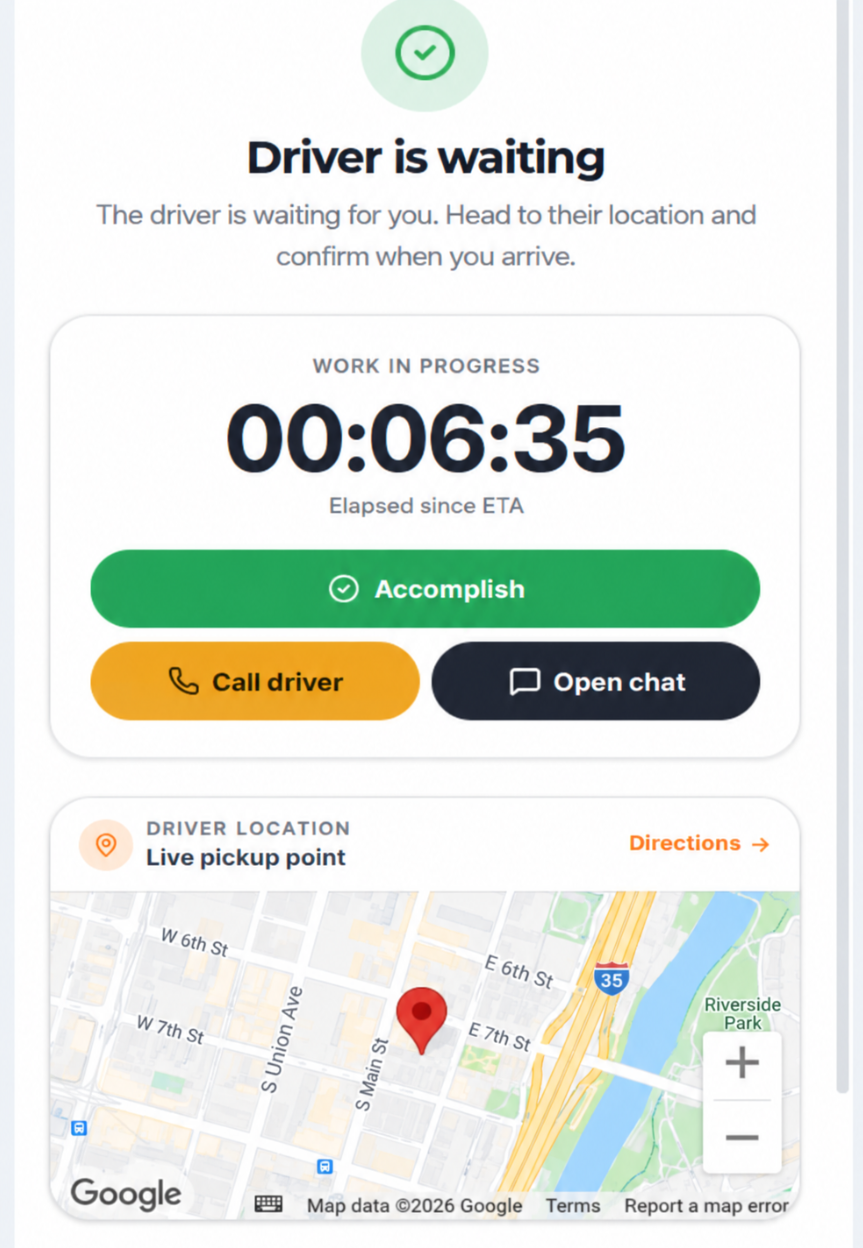 Trucker Guide Road Assistance vendor screen showing an ETA timer after payment.