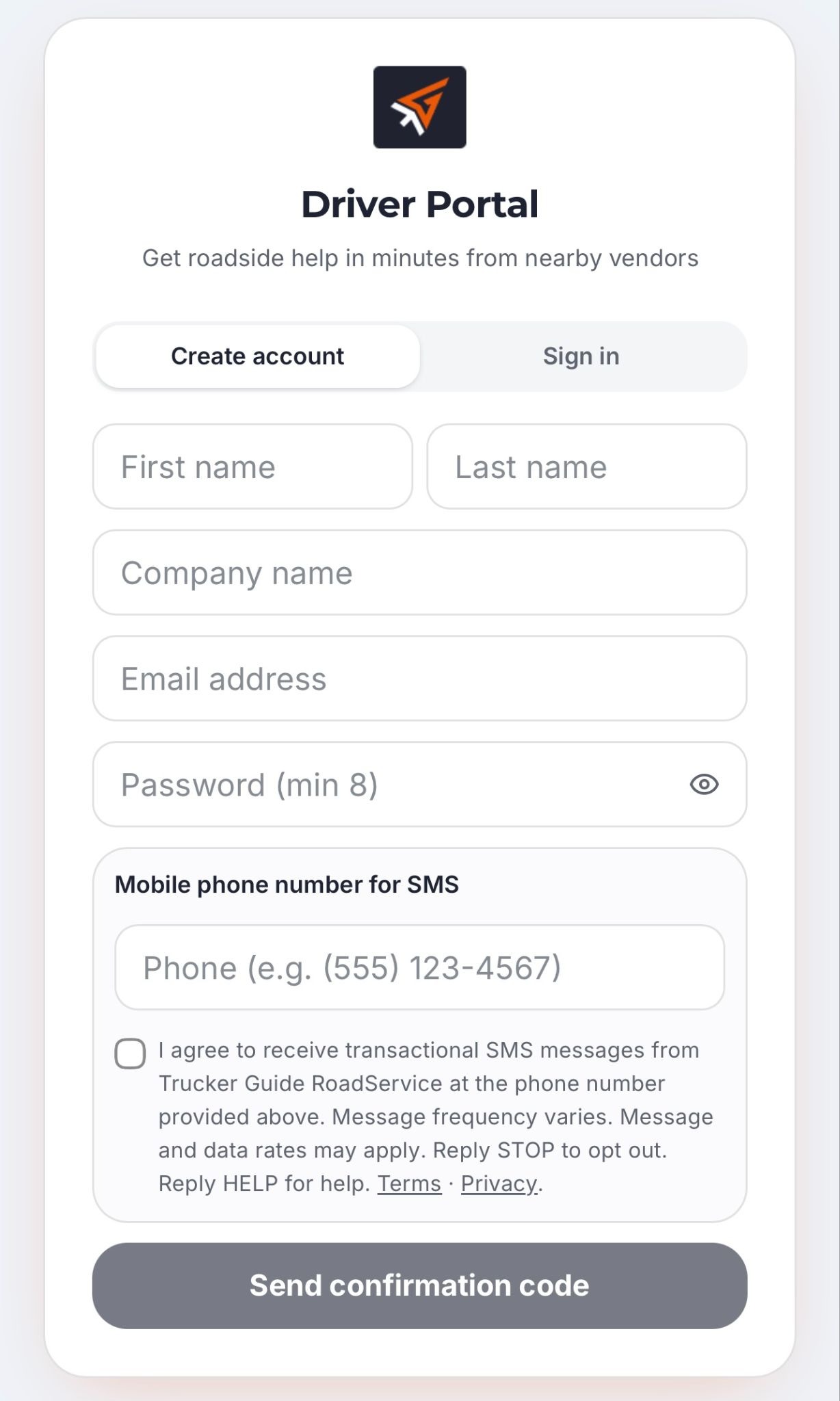Trucker Guide Roadside Assistance sign-up and login screen for submitting a service request.
