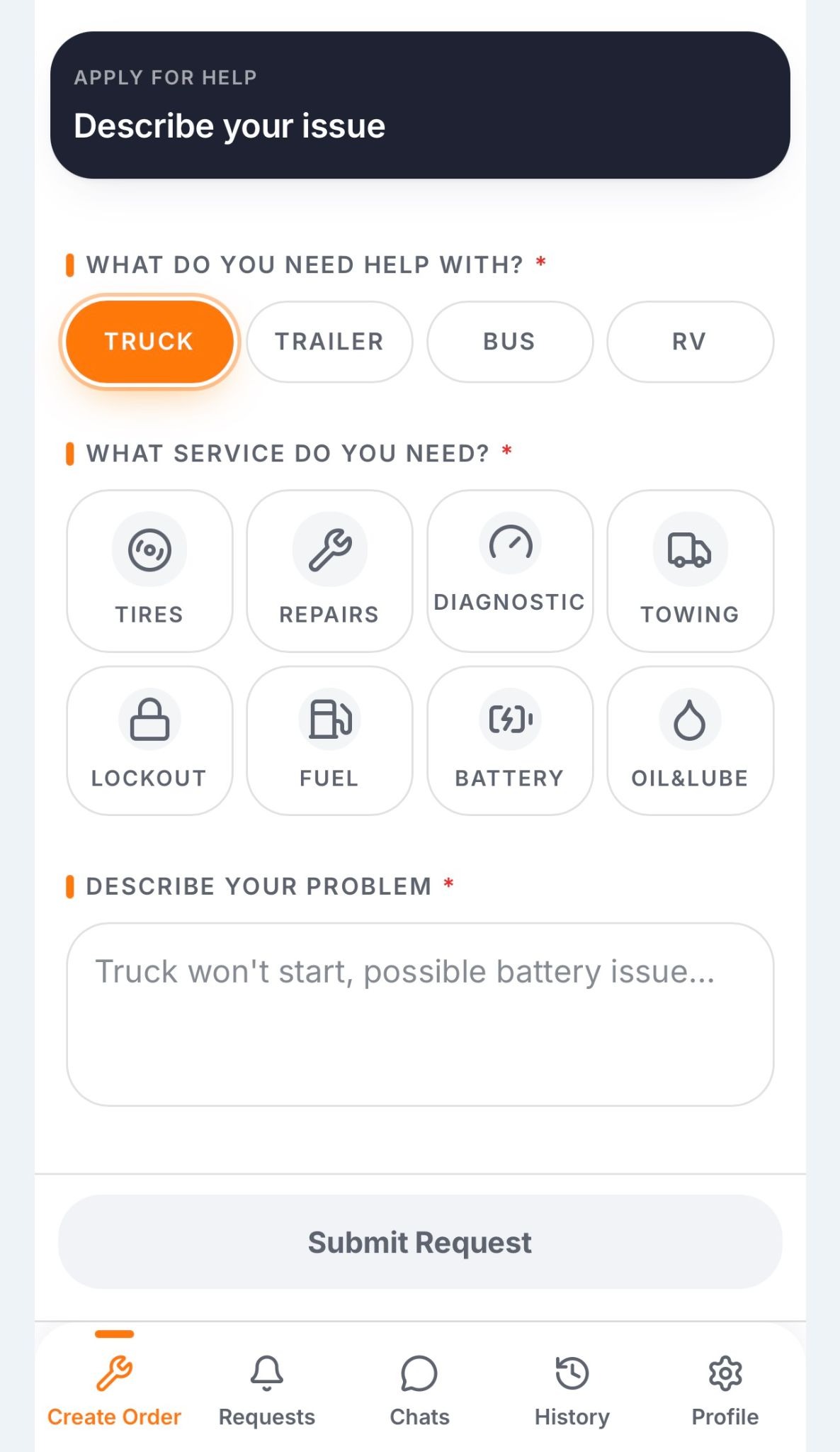 Trucker Guide Roadside Assistance screen for selecting a truck, trailer, bus, or RV.