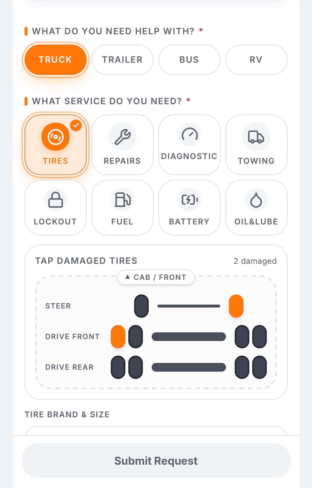 Trucker Guide Roadside Assistance screen showing tire position options for a service request.