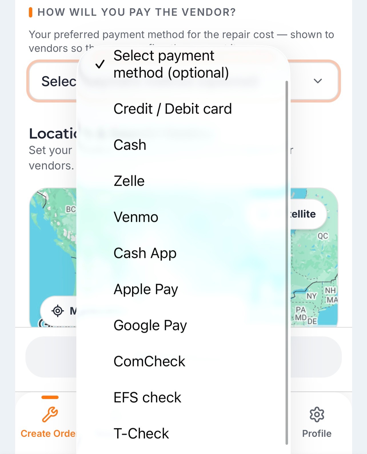 Trucker Guide Roadside Assistance screen for selecting a payment method.