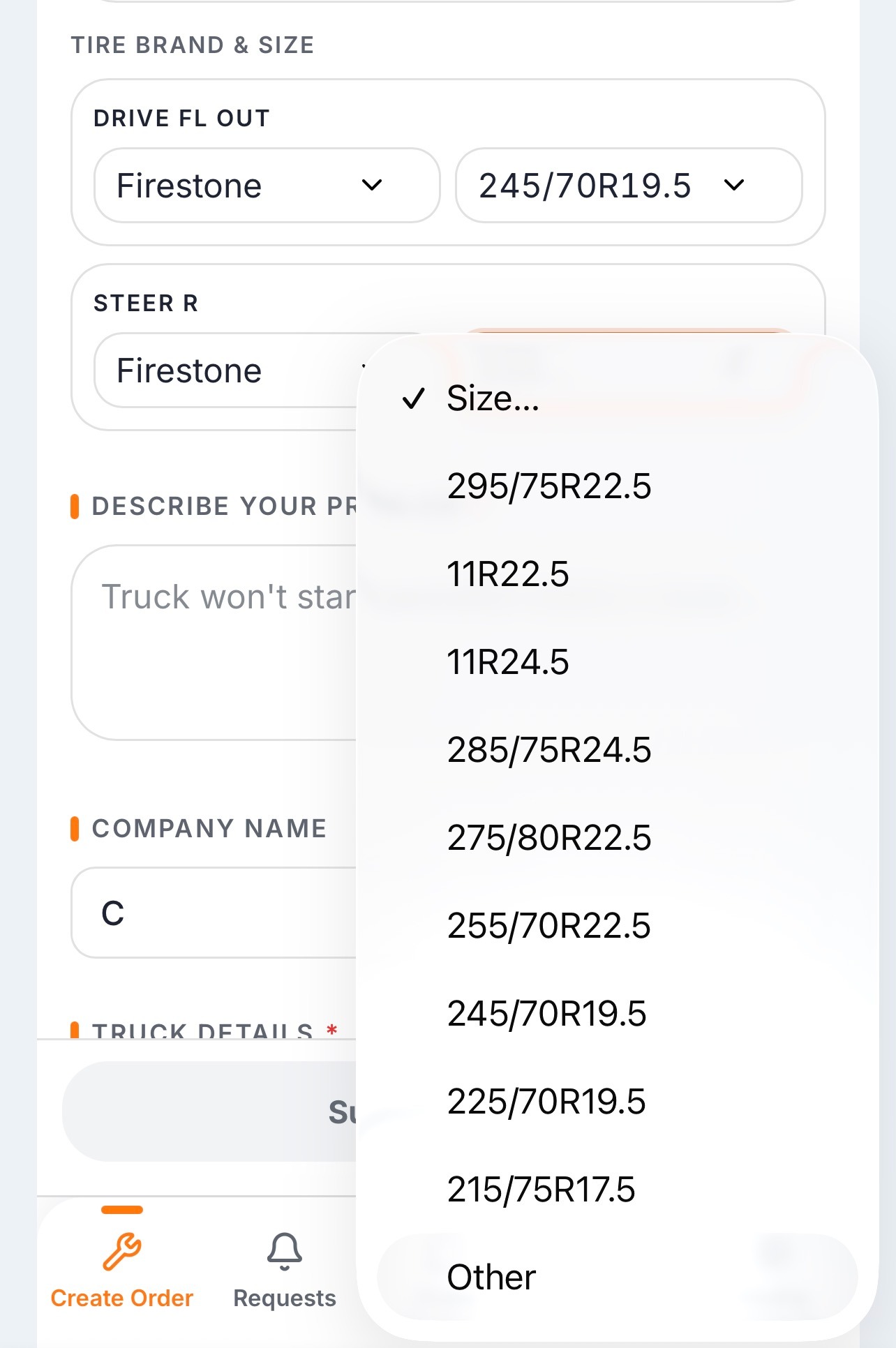 Trucker Guide Roadside Assistance screen for selecting tire brand and size details.