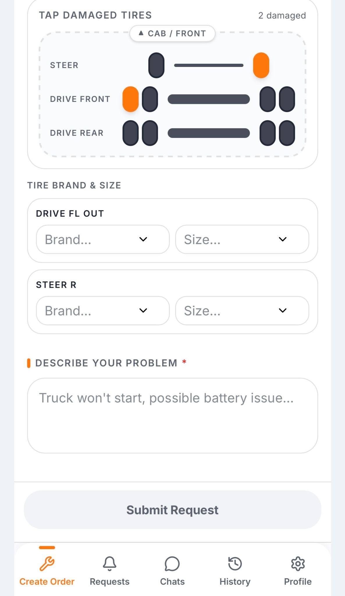 Trucker Guide Roadside Assistance screen for selecting tire brand and size details.