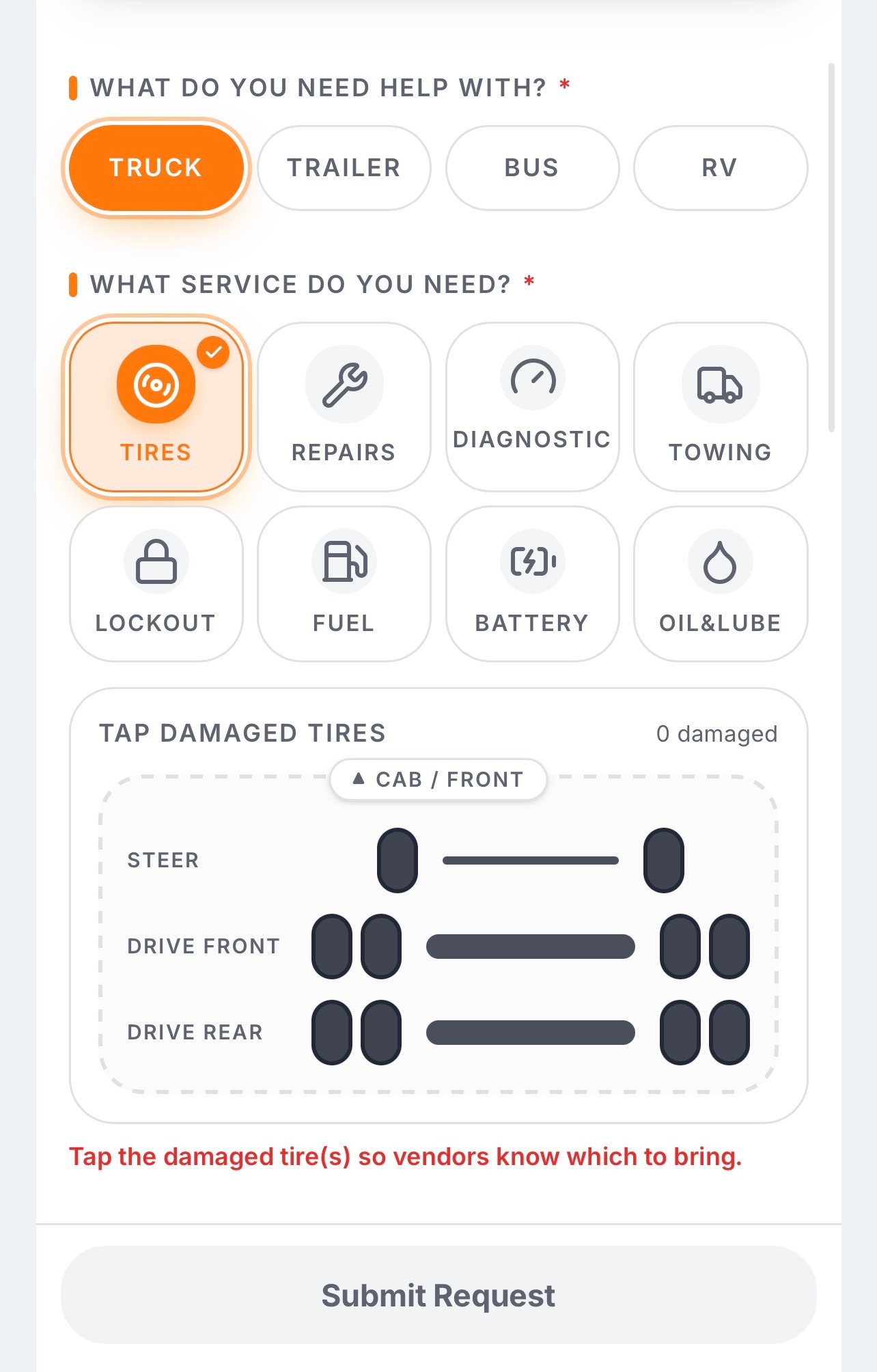 Trucker Guide Roadside Assistance screen showing tire position options for a service request.