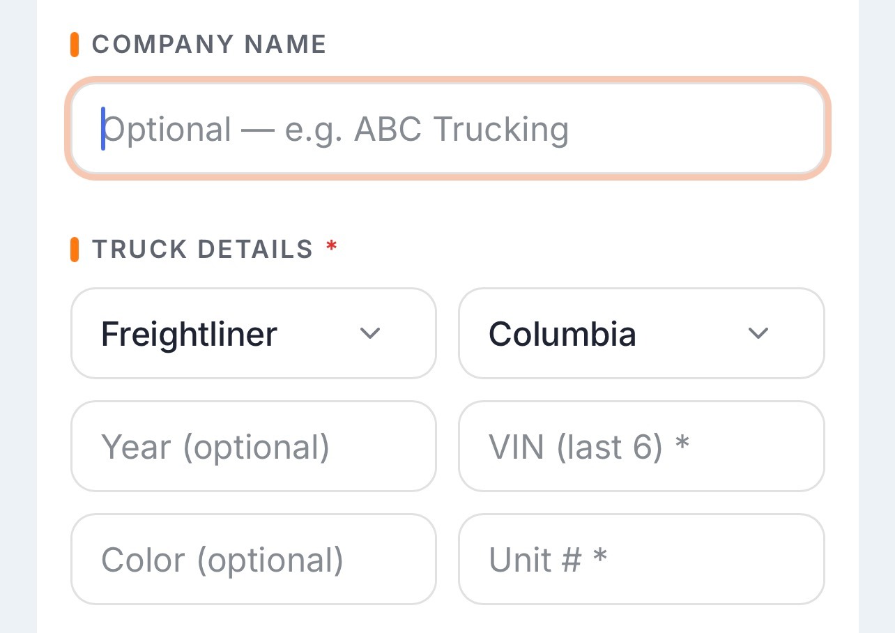 Trucker Guide Roadside Assistance form for entering company and vehicle information.