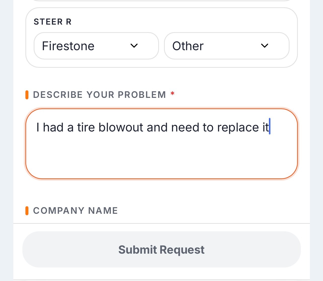 Trucker Guide Roadside Assistance form for describing a tire blowout, replacement, or repair.