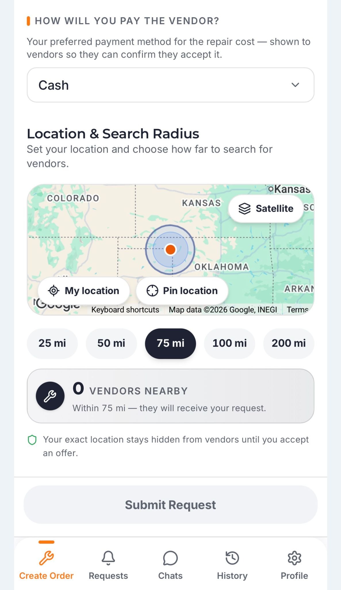 Trucker Guide Roadside Assistance map for selecting a location and provider search radius.