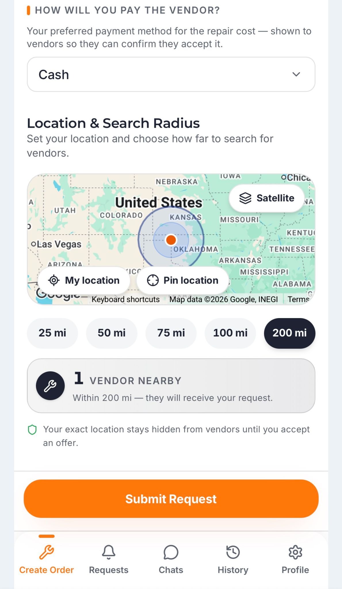Trucker Guide Roadside Assistance map showing available service providers within the selected radius.