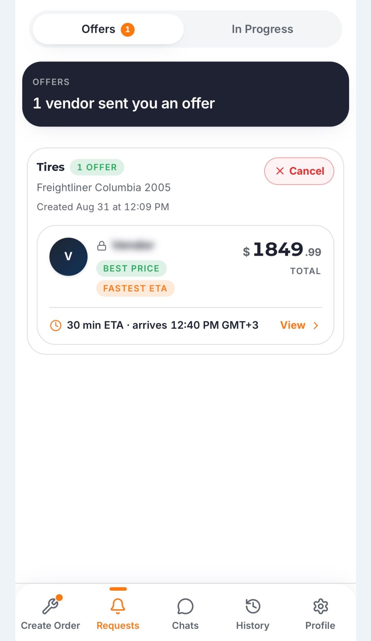 Trucker Guide Roadside Assistance offer showing the provider, price, and estimated arrival time.