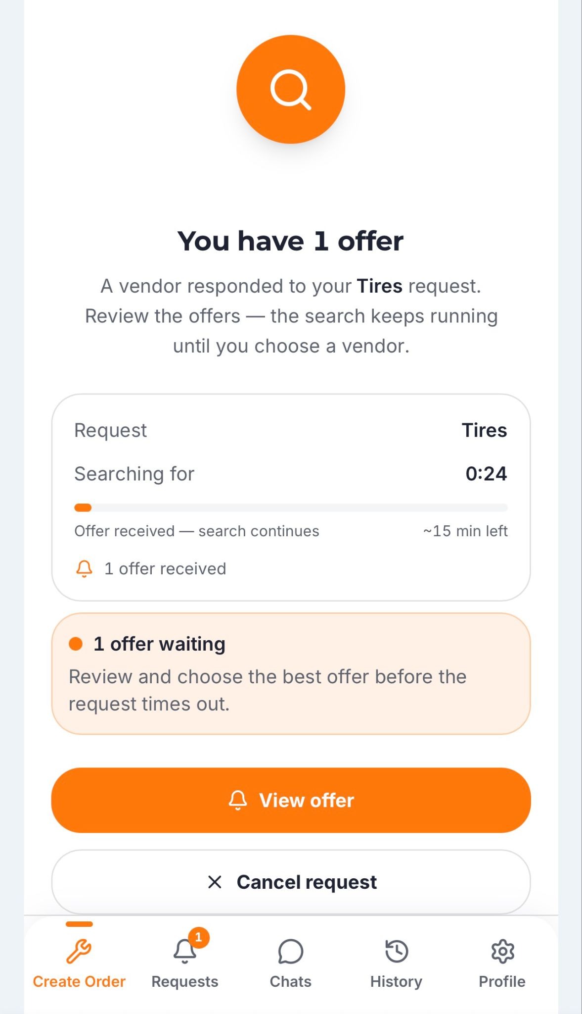 Trucker Guide Roadside Assistance screen showing one vendor offer for a tire service request.